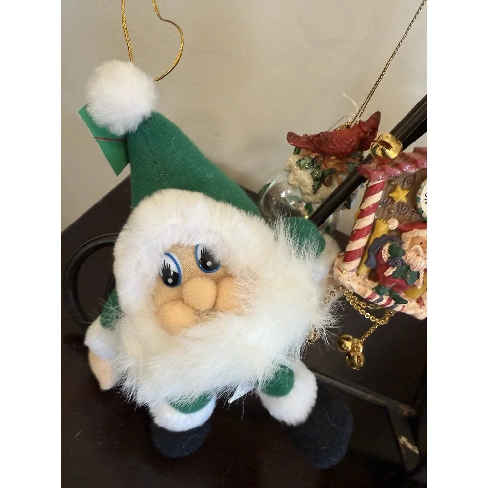 Lot of 5 Christmas Ornaments VTG Red Green Santa & Snowman Plush Music Box Clock